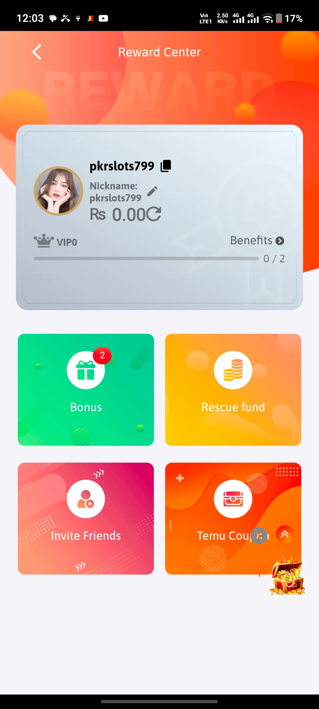 PKR Slots reward center screen